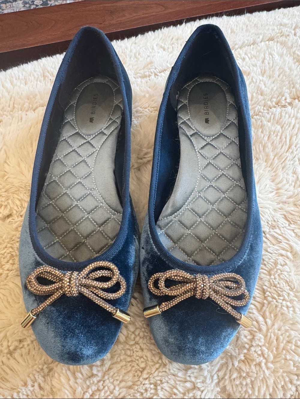 Birdies Blue Velvet Ballet Flats with Gold Bow